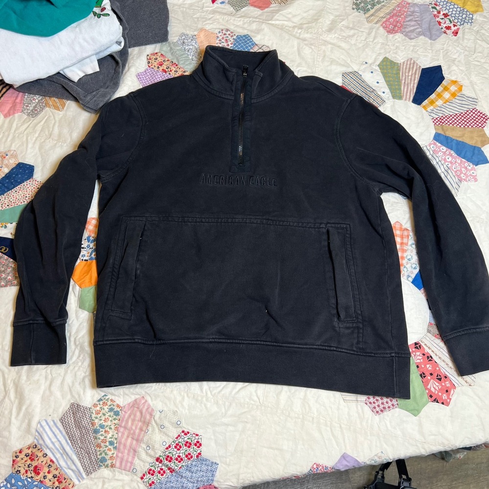 American Eagle Mens Black Quarter Zip Pullover Cotton Sweatshirt Large Logo
